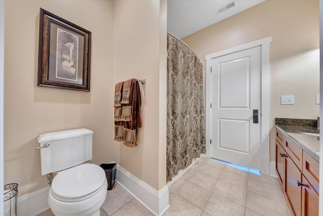 bathroom featuring tile patterned flooring, toilet, vanity, visible vents, and baseboards