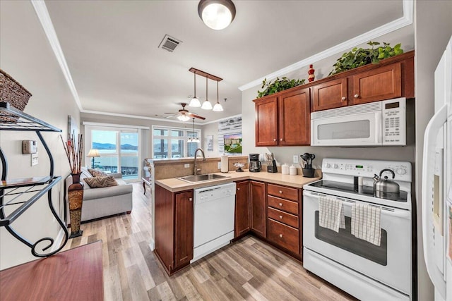 kitchen featuring decorative light fixtures, sink, white appliances, light hardwood / wood-style flooring, and ornamental molding