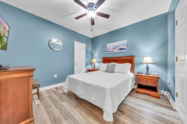 bedroom featuring ceiling fan and light hardwood / wood-style flooring