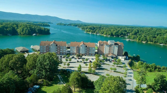 drone / aerial view with a water and mountain view