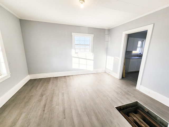 empty room featuring a sink, ornamental molding, wood finished floors, and baseboards