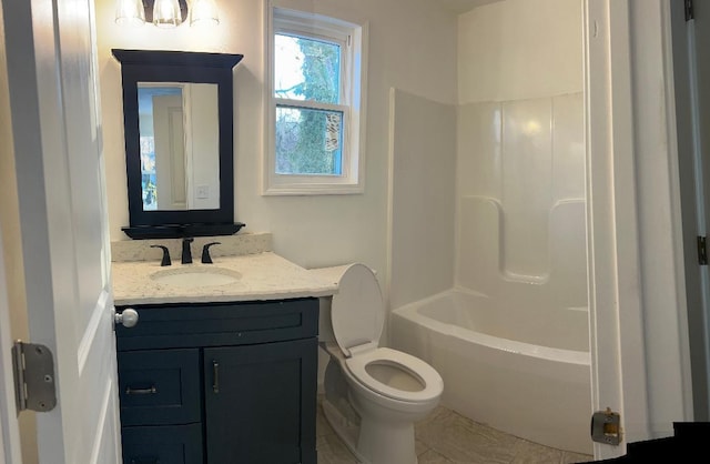 full bathroom with toilet, shower / washtub combination, and vanity