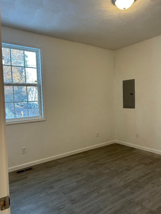 spare room featuring dark wood-type flooring and electric panel