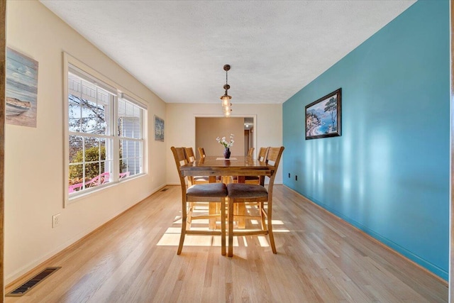 dining room with a textured ceiling and light hardwood / wood-style flooring