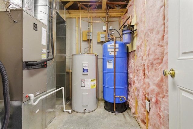 utility room featuring heating unit and water heater