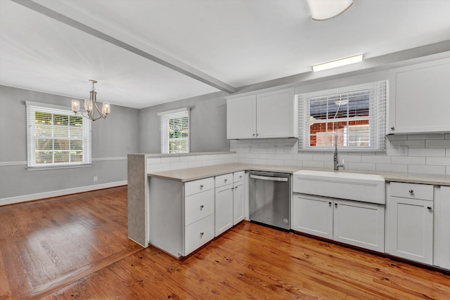 kitchen featuring stainless steel dishwasher, kitchen peninsula, sink, and white cabinets