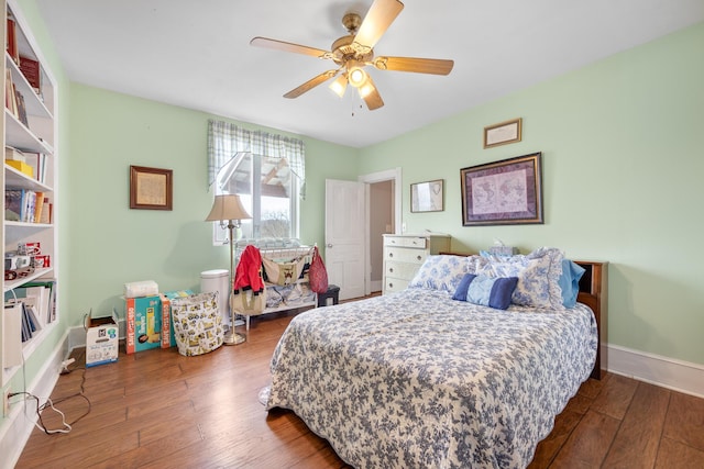 bedroom featuring ceiling fan and dark wood-type flooring