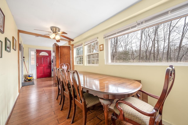 dining area featuring ceiling fan and hardwood / wood-style flooring