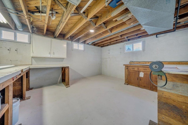 basement with plenty of natural light and a workshop area