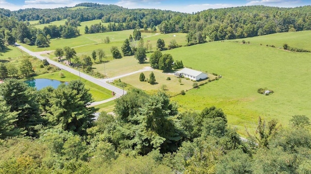 bird's eye view featuring a water view and a rural view