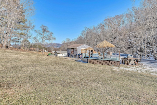 view of yard featuring a wooden deck and an outdoor structure