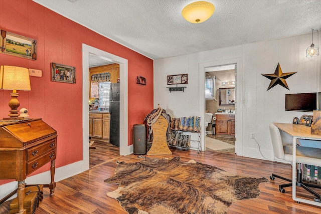 office featuring dark hardwood / wood-style flooring, sink, and a textured ceiling