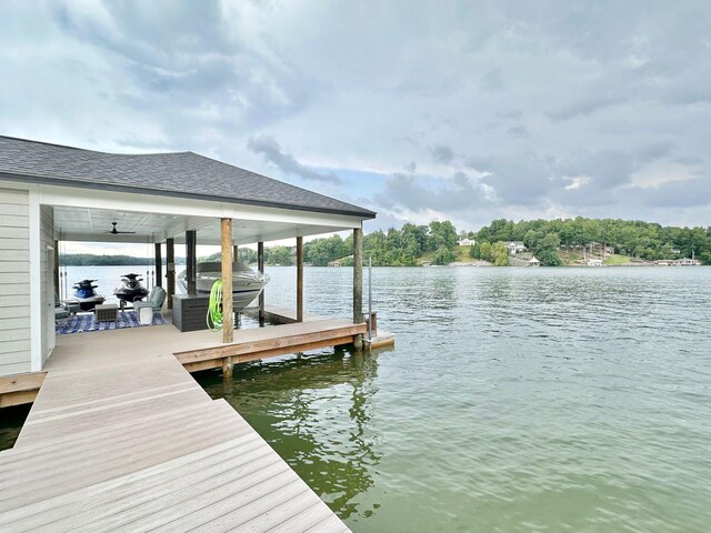 view of dock with a water view