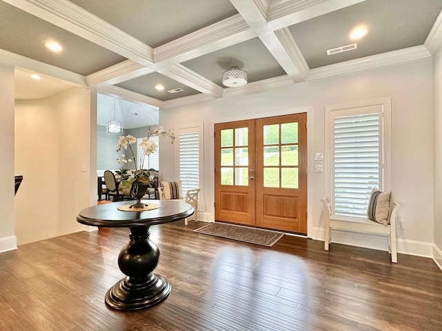 foyer featuring coffered ceiling, french doors, beam ceiling, and crown molding