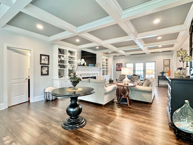 living room with dark hardwood / wood-style floors, ornamental molding, beamed ceiling, and coffered ceiling
