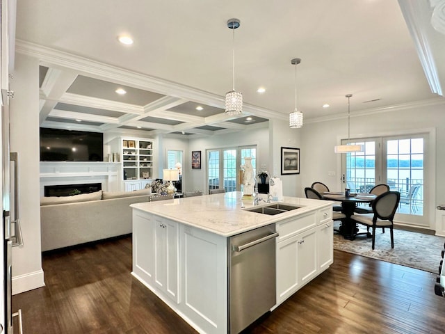 kitchen with light stone countertops, coffered ceiling, white cabinetry, stainless steel dishwasher, and an island with sink