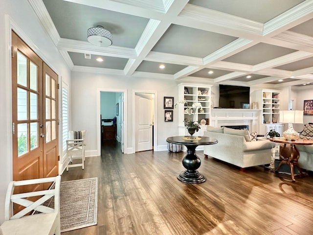 living room with hardwood / wood-style floors, beam ceiling, french doors, and coffered ceiling