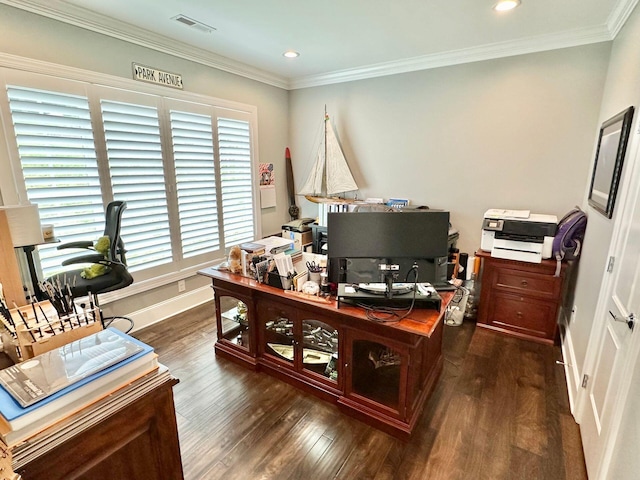 office area with dark hardwood / wood-style floors and crown molding
