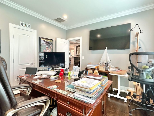 office space with crown molding and dark hardwood / wood-style flooring