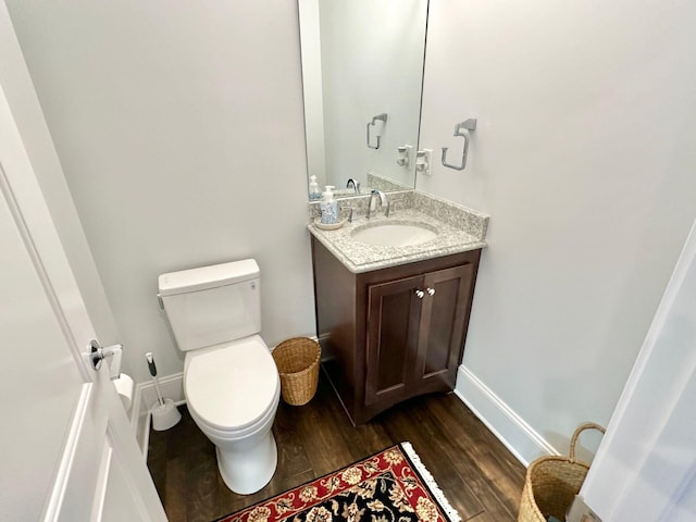 bathroom featuring vanity, toilet, and wood-type flooring