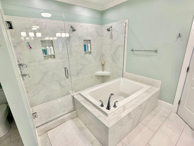 bathroom featuring toilet and plus walk in shower