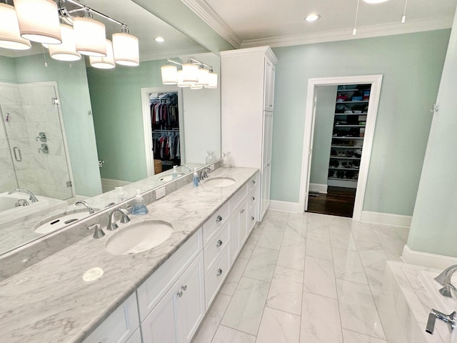 bathroom featuring vanity, independent shower and bath, and crown molding