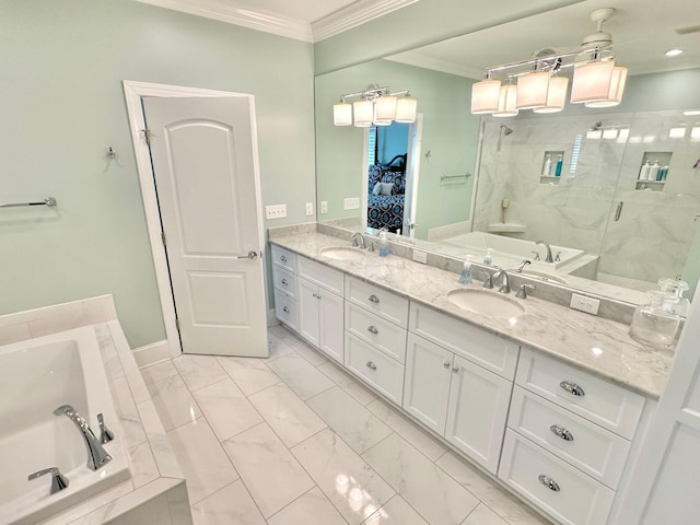 bathroom with vanity, crown molding, and plus walk in shower
