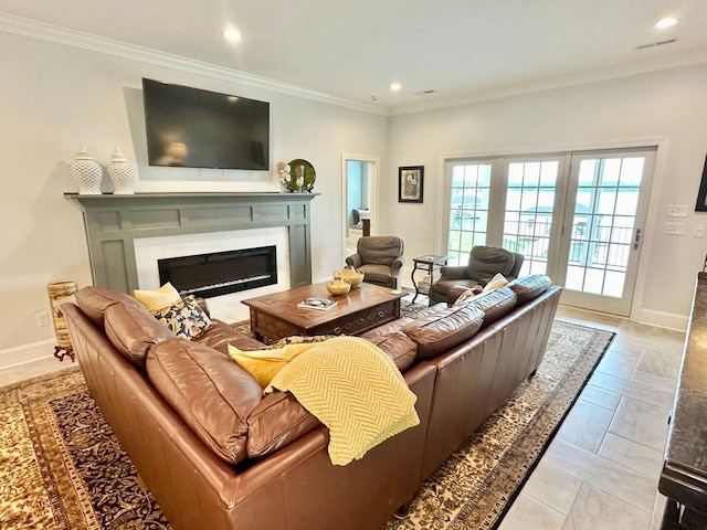 tiled living room with ornamental molding