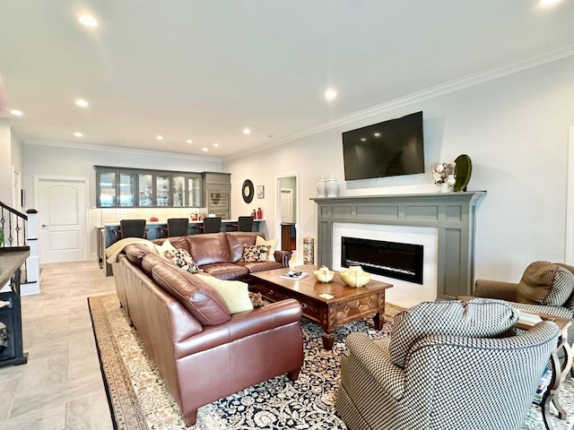 living room featuring crown molding and light tile patterned floors
