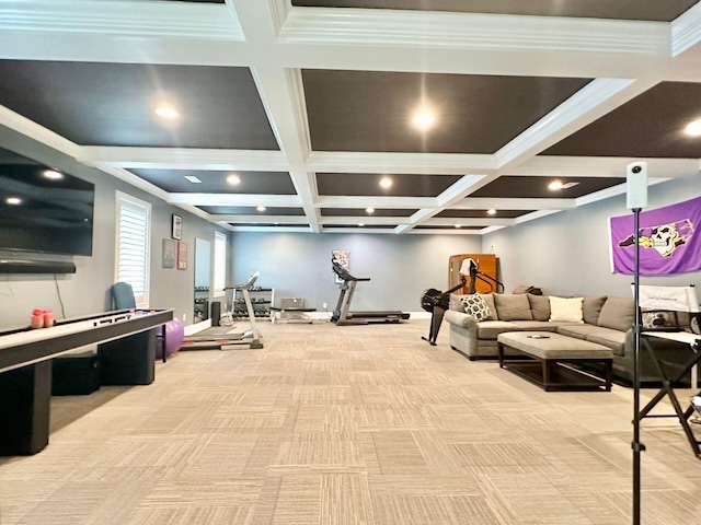 playroom featuring beam ceiling, coffered ceiling, crown molding, and light carpet