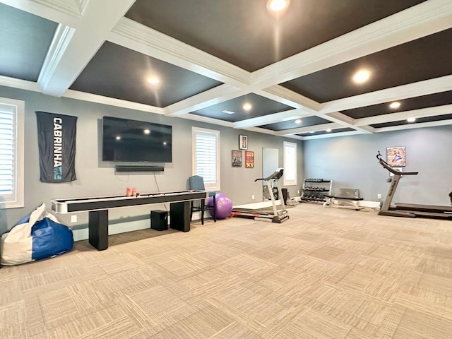 workout area featuring light colored carpet, ornamental molding, and coffered ceiling