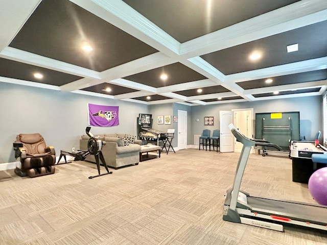 workout room featuring light carpet and coffered ceiling