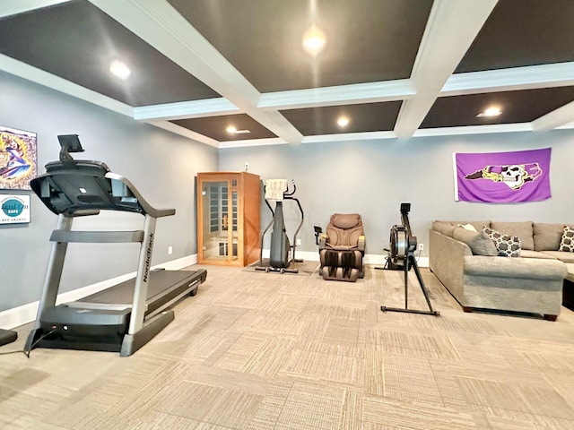 workout room with coffered ceiling, light colored carpet, and ornamental molding