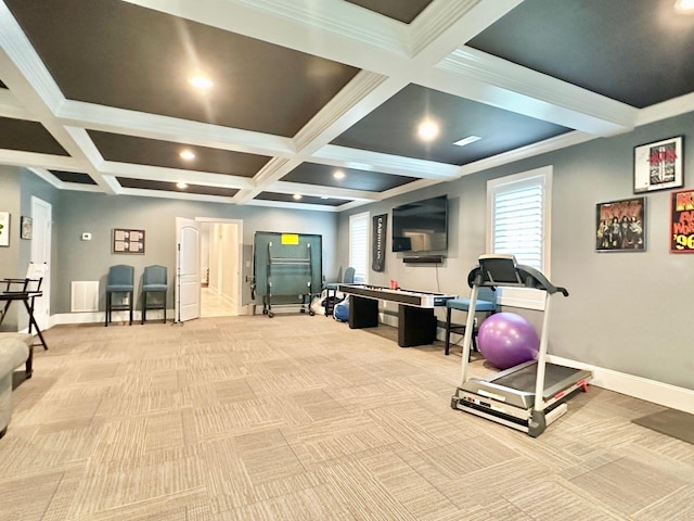 exercise room featuring coffered ceiling, crown molding, and light carpet