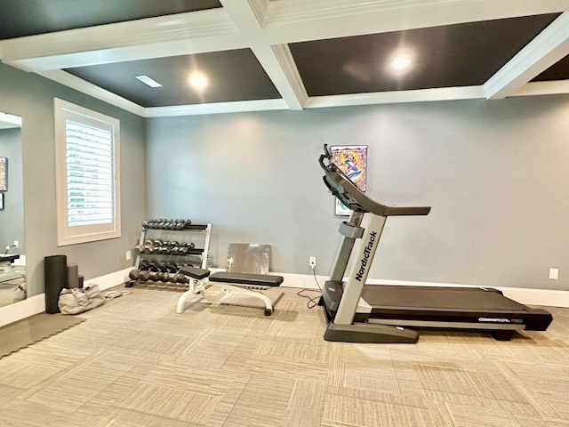 workout room with coffered ceiling, ornamental molding, and carpet floors