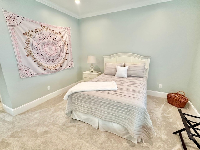 bedroom featuring light colored carpet and ornamental molding