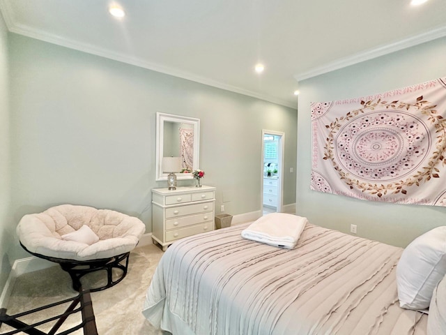 carpeted bedroom featuring crown molding