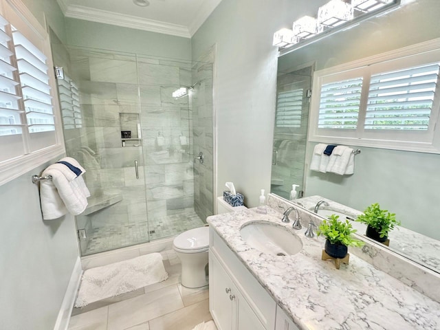 bathroom with a shower with shower door, toilet, tile patterned flooring, ornamental molding, and vanity