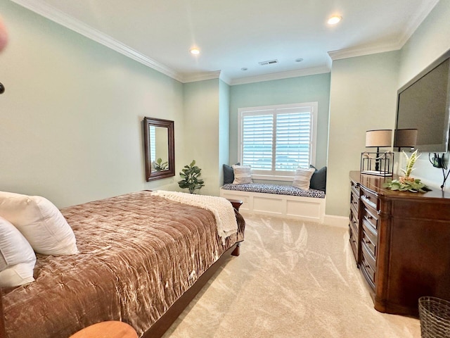 carpeted bedroom featuring ornamental molding