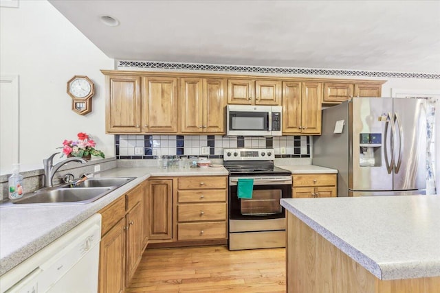 kitchen with sink, backsplash, light wood-type flooring, and stainless steel appliances