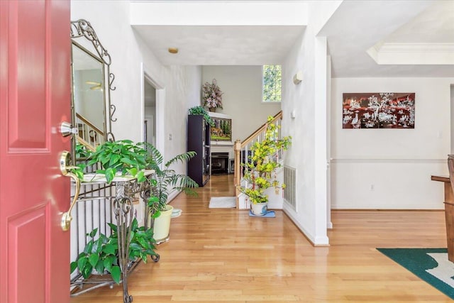 entrance foyer featuring crown molding, hardwood / wood-style flooring, and a raised ceiling