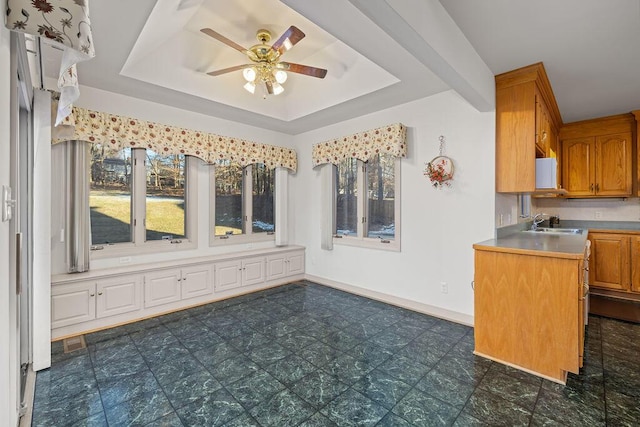 kitchen with sink, ceiling fan, and a raised ceiling