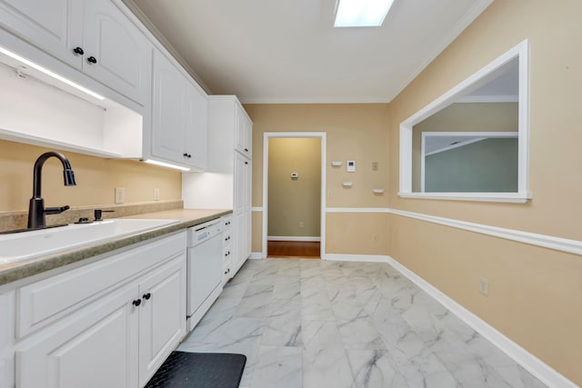 3040 Mcvitty Forest Dr Unit 211, Roanoke, VA 24018 - kitchen with white dishwasher, a sink, light countertops, marble finish floor, and white cabinetry