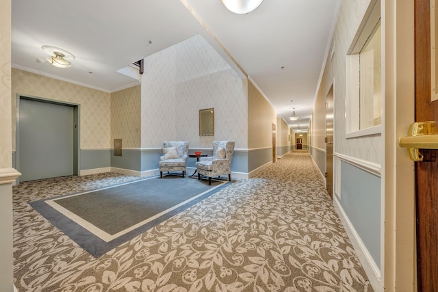 corridor featuring light colored carpet, ornamental molding, and elevator