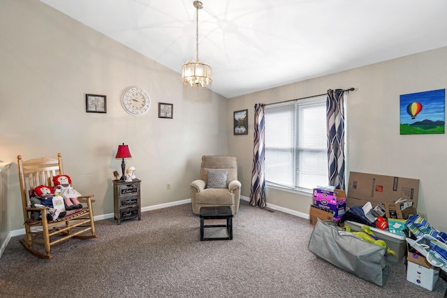 living area with vaulted ceiling and carpet