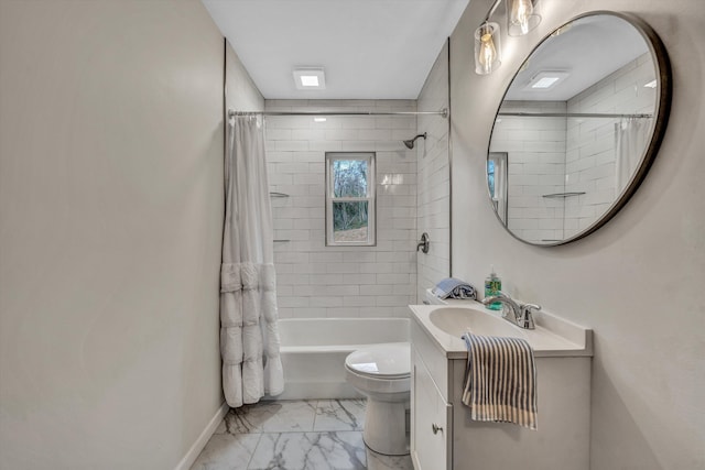 full bathroom featuring vanity, shower / bath combination with curtain, and toilet