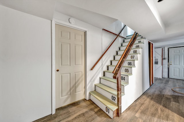 stairway featuring wood-type flooring