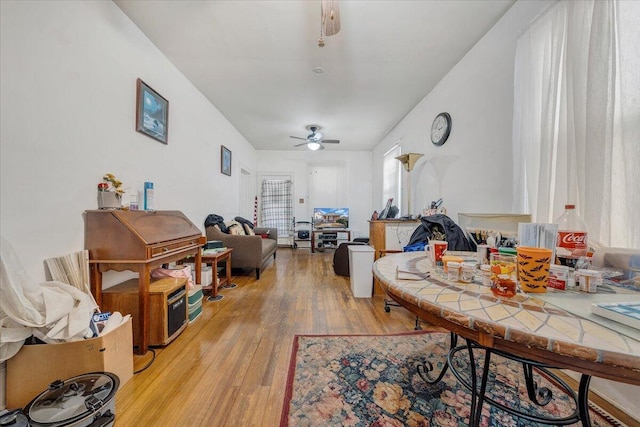 living room with ceiling fan and light wood-type flooring