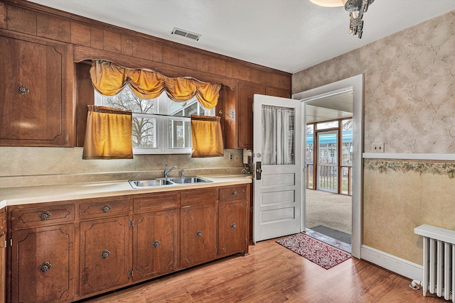 kitchen with radiator heating unit, light hardwood / wood-style floors, and sink