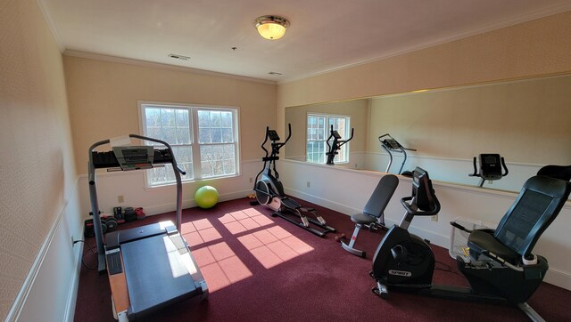 workout room with crown molding